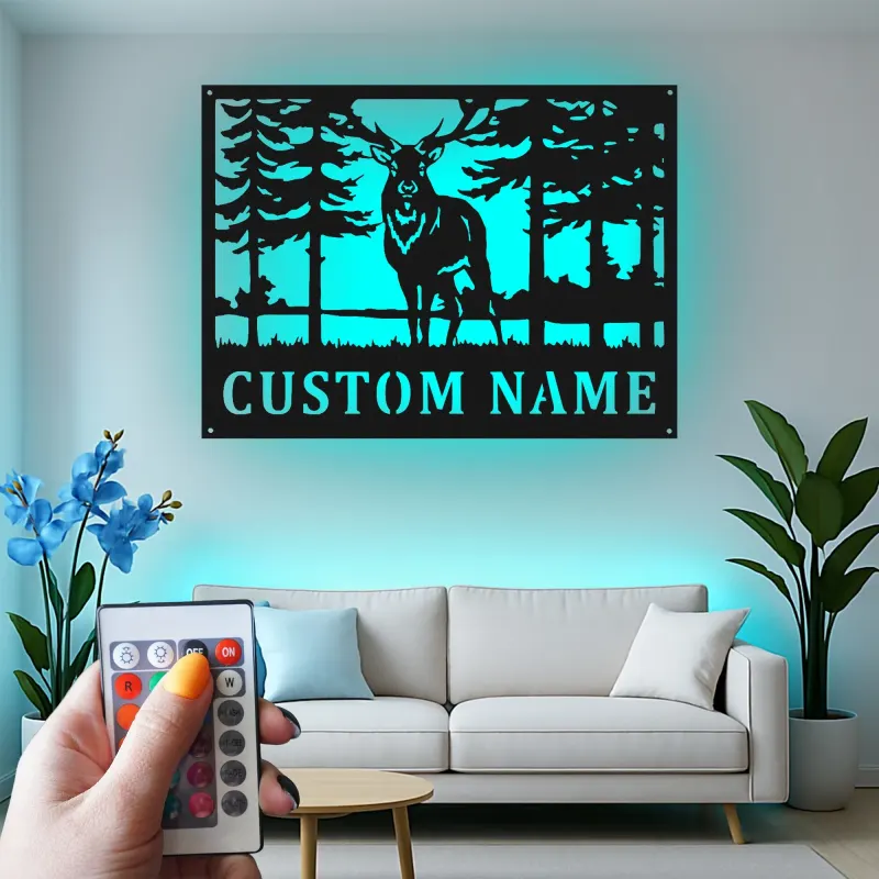 Décoration murale en métal personnalisée avec éclairage LED de forêt de cerfs - Cadeau pour les amoureux de la nature, décoration de chalet ou de pavillon 2