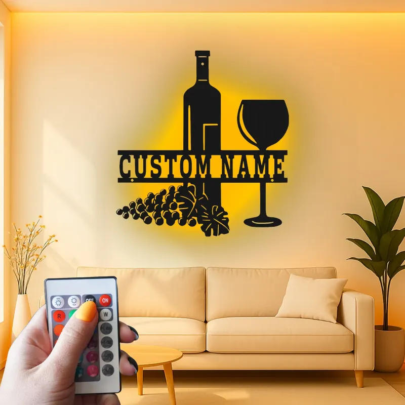 Décoration murale en métal personnalisée pour bouteille et verre de vin avec rétroéclairage LED - Cadeau personnalisé pour les amateurs de vin - Décor de cuisine ou de bar