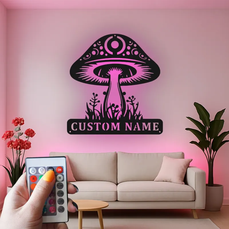 Insegna LED Personalizzata con Fungo | Targa in Metallo Personalizzata | Arte Murale Mistica Boho per Camera da Letto, Studio e Amanti della Natura