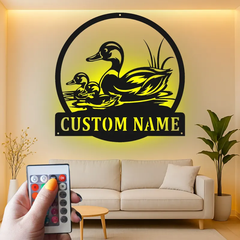 Cartel de metal LED de familia de patos personalizado Regalo para amantes de la naturaleza Decoración de vida silvestre