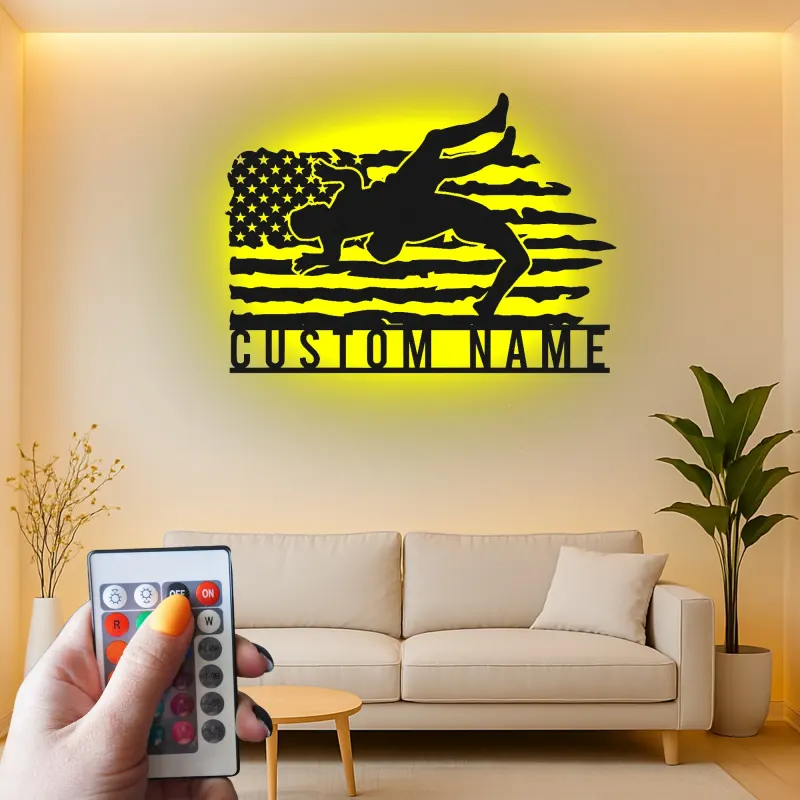 Décoration murale en métal personnalisée avec éclairage LED Lutte Américaine Drapeau Cadeau Sportif Personnalisé pour Athlètes Décor de Gym ou de Chambre