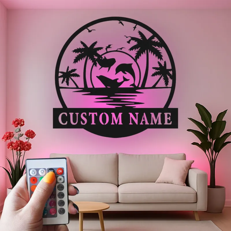 Décoration murale en métal personnalisée avec scène océanique et rétroéclairage LED - Cadeau pour amoureux de la plage, décor tropical pour le salon