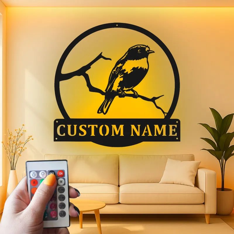 Custom Bird on Branch Led Light Metal Wall Art Personalized Nature Lover Gift Living Room or Garden Decor