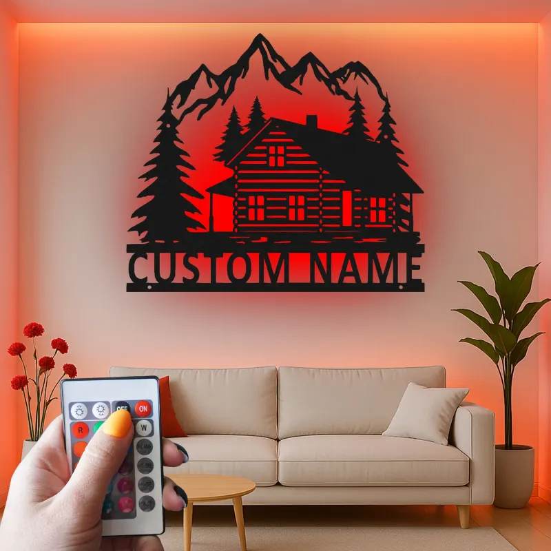Custom Mountain Cabin Led Light Metal Wall Art Personalized Housewarming Gift Rustic Living Room Decor
