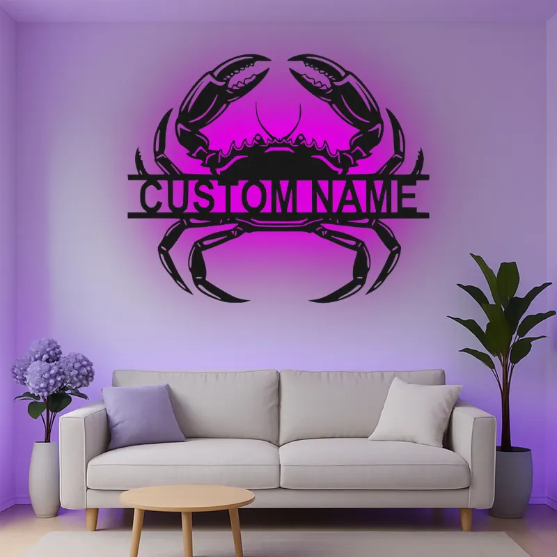 Cartel de metal personalizado de cangrejo con luz LED, regalo de casa de playa costero, decoración para amantes del océano