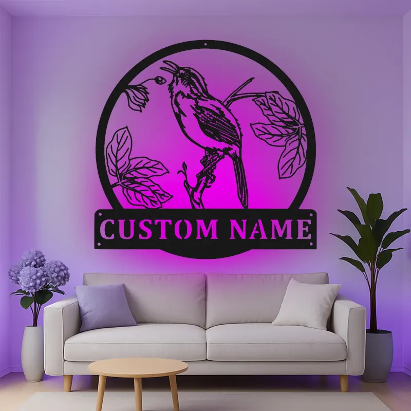 Personalisiertes LED-beleuchtetes Metall-Wandkunst mit Vogel und Zweig – Geschenk für Naturfreunde, Garten- oder Terrassendekor