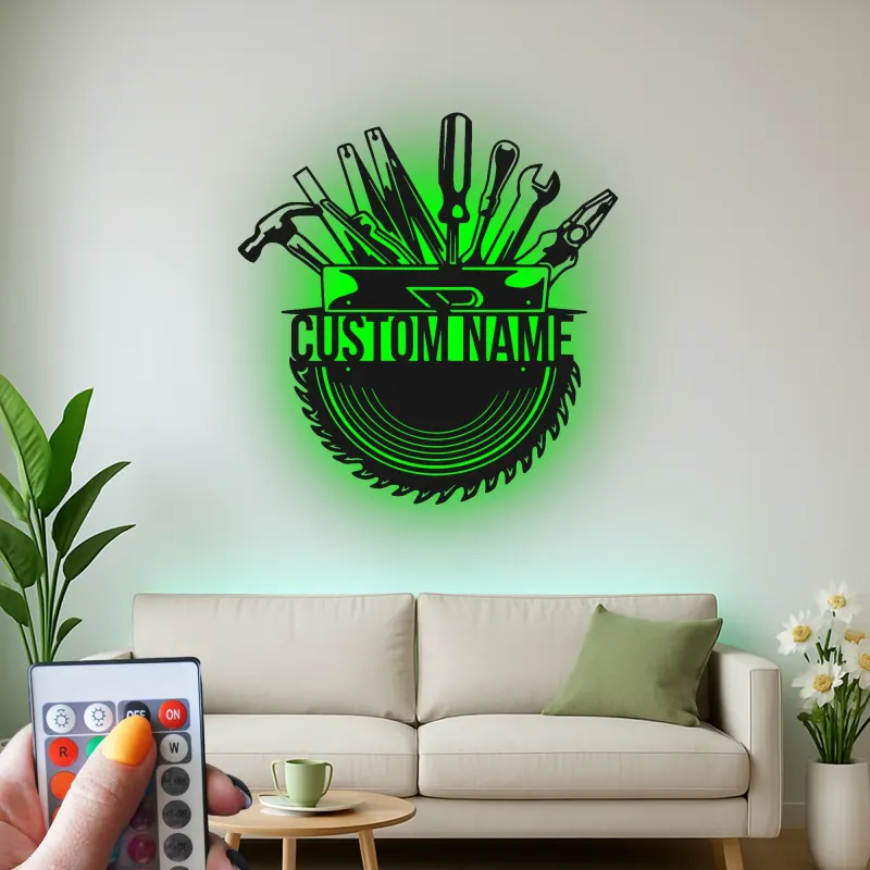 Insegna in metallo personalizzata con luce LED per Cassetta degli Attrezzi - Regalo per artigiani - Decorazione per garage o laboratorio 1