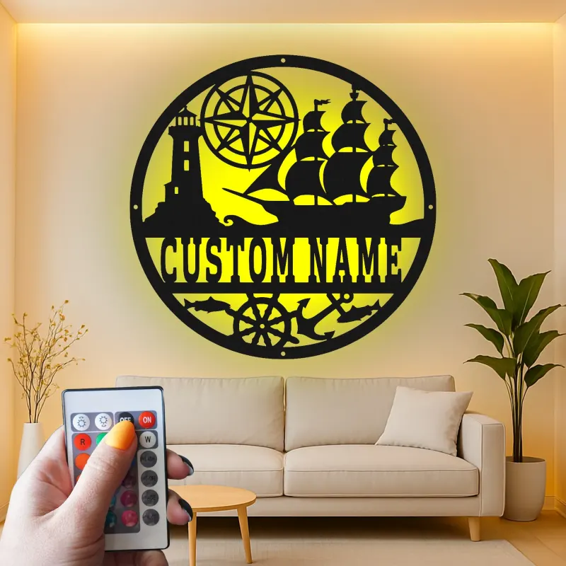Personalisierte Nautische LED-Wandkunst | Individuelles Schiffs- und Kompass-Metallschild | Vintage Küstendekor für Zuhause oder Büro