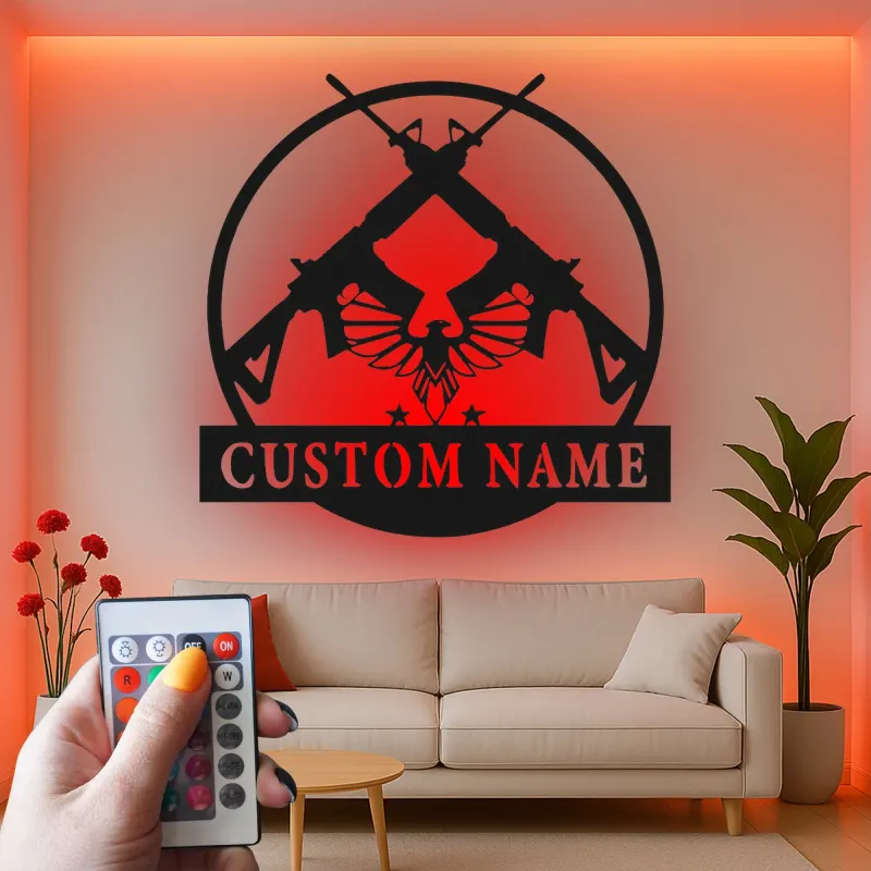 Insegna in metallo personalizzata con fucile e aquila e luce LED regalo per appassionati di armi decorazione per man cave o garage