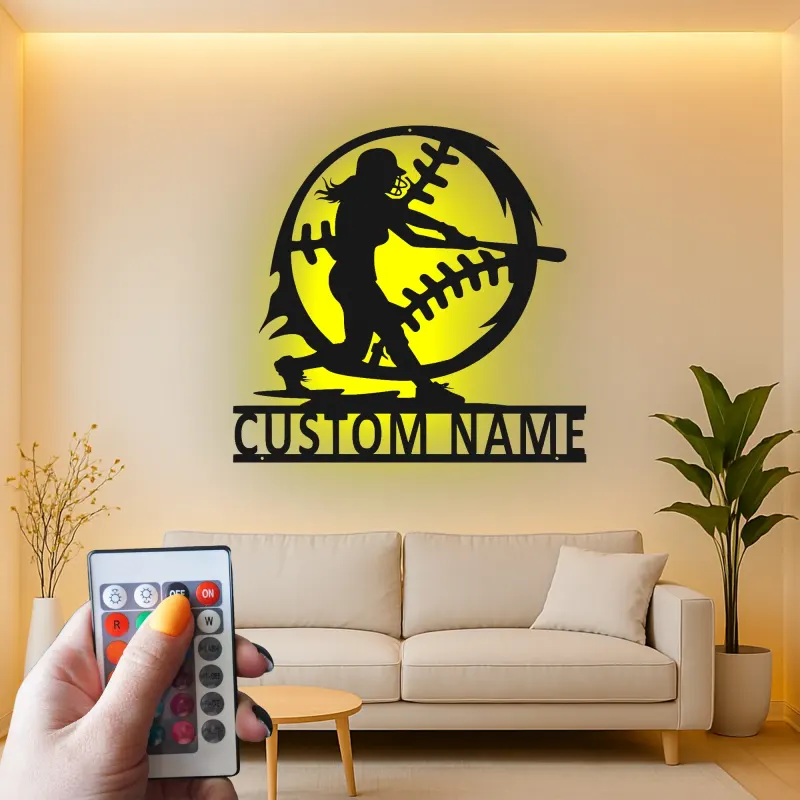 Softball Player Custom Name Sign | LED Metal Wall Art for Athlete's Room | Personalized Sports Decor Gift