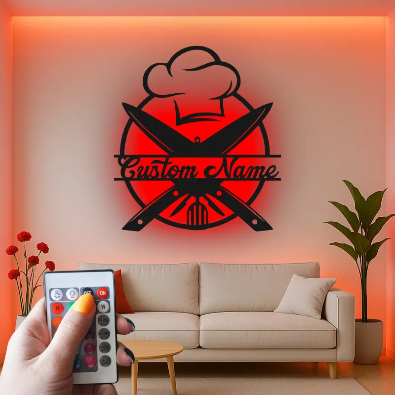 Décoration murale en métal personnalisée Chapeau de Chef et Ustensiles avec rétroéclairage LED