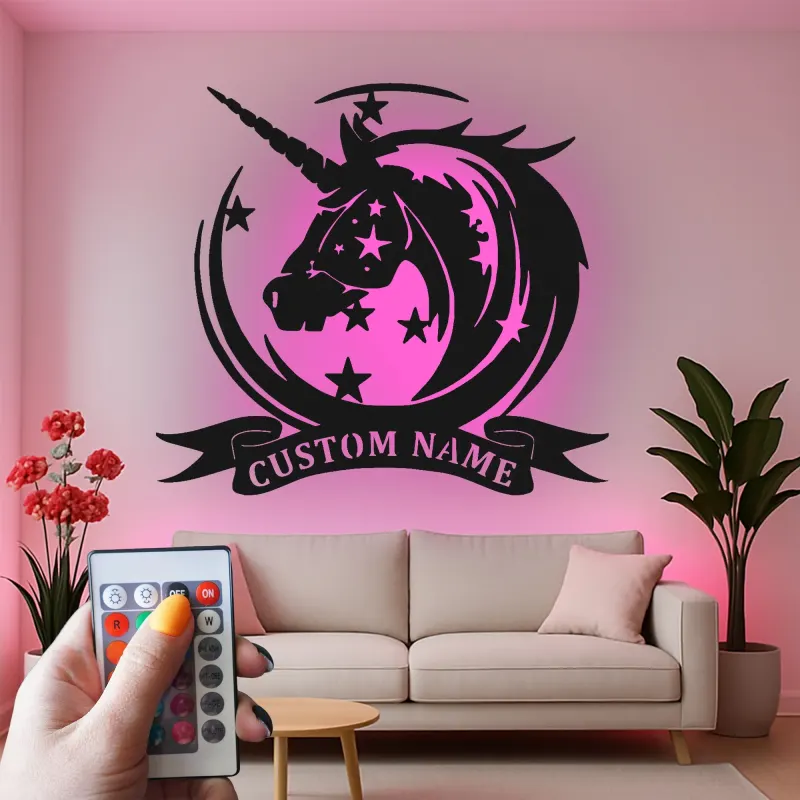 Cartel de metal LED personalizado de unicornio, regalo para decoración mágica de habitación infantil