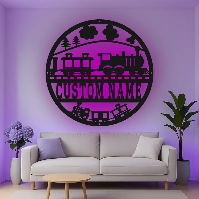 Décoration murale en métal personnalisée avec train en rétroéclairage - Cadeau pour enfants - Décor de chambre de bébé