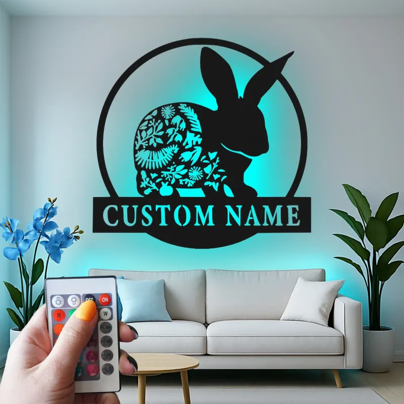 Personalized Bunny Name Sign | LED Metal Wall Art for Nursery | Boho Floral Rabbit Decor | Custom Kids Room Light & Animal Lover Gift