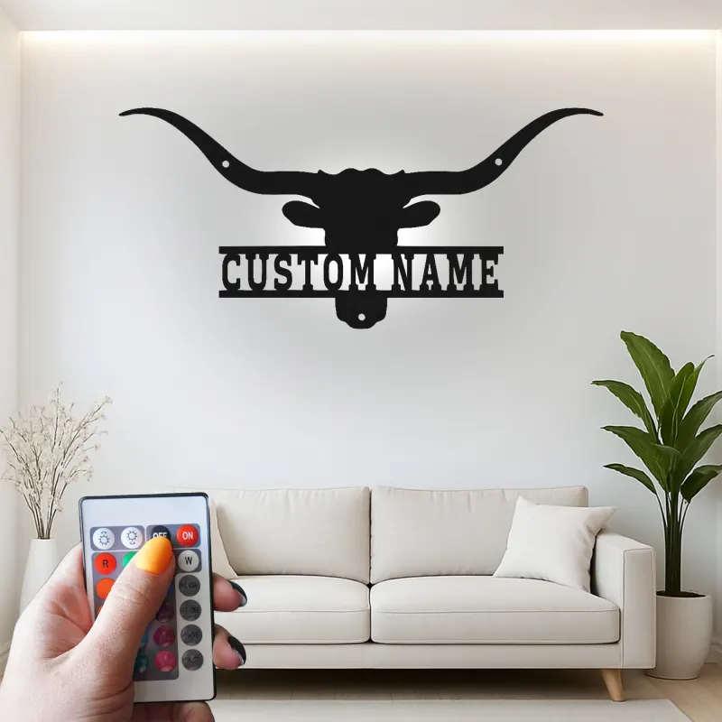 Décoration murale en métal personnalisée avec longhorn et rétroéclairage LED - Cadeau ranch, décoration western pour salon ou man cave