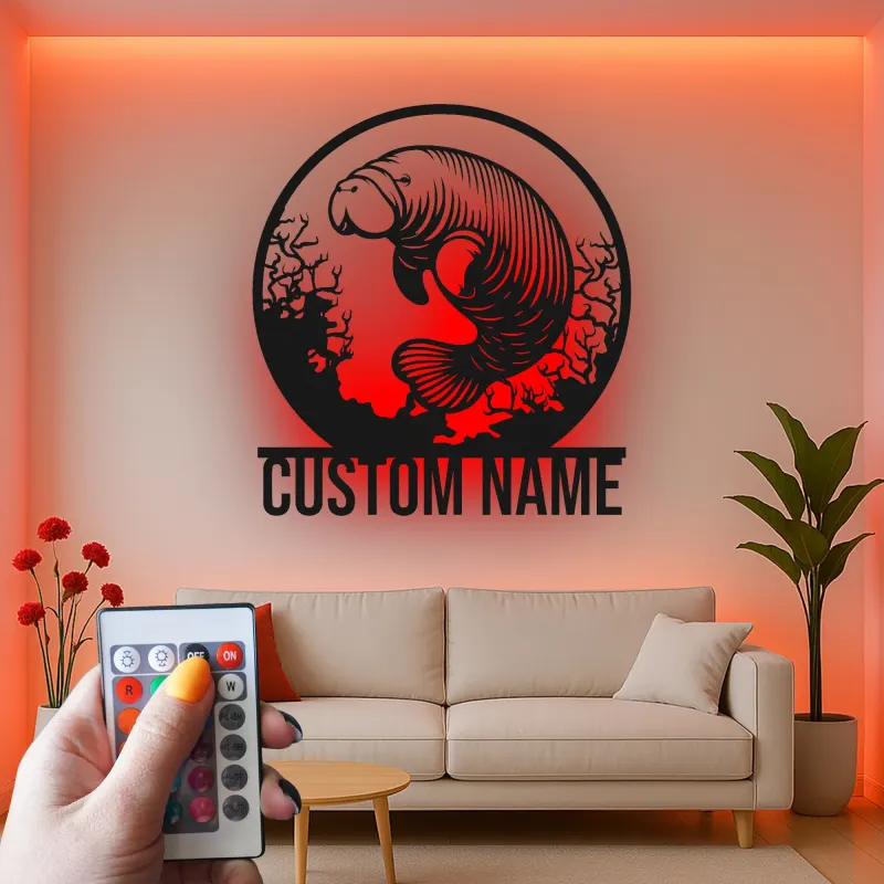 Arte da Parete Manatee in Metallo Personalizzata | Insegna LED per Mucca di Mare | Decorazione Nautica per Amanti dell'Oceano