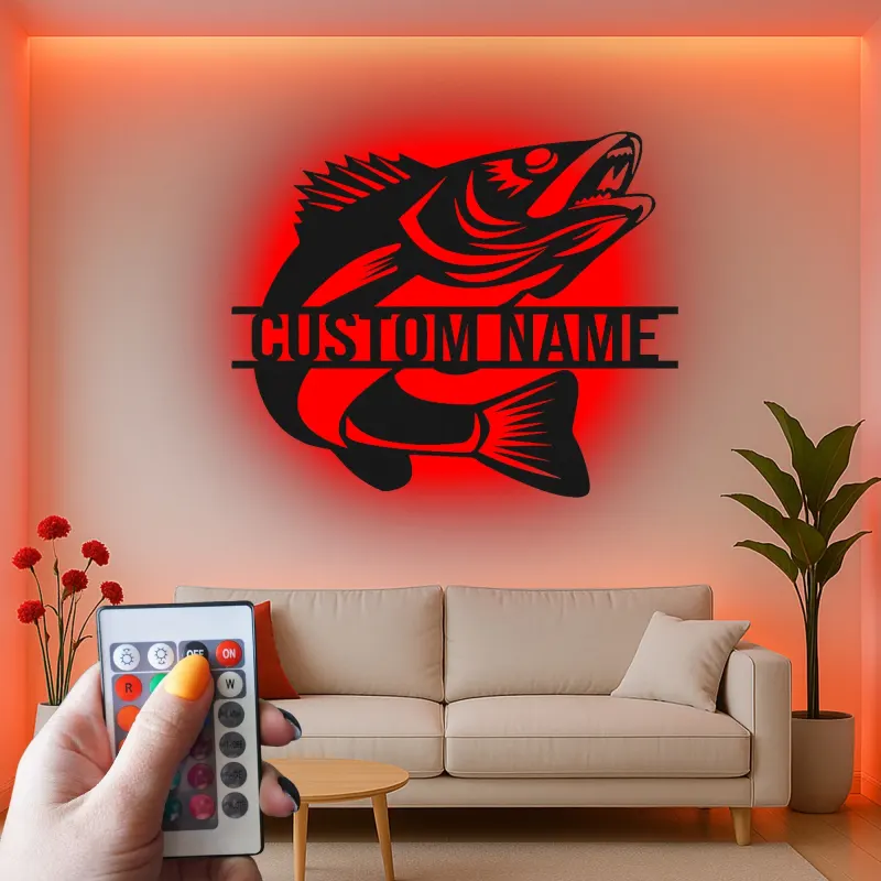 Insegna in metallo personalizzata con pesce e LED | Regalo personalizzato per pescatore | Arredo murale per casa al lago e baita