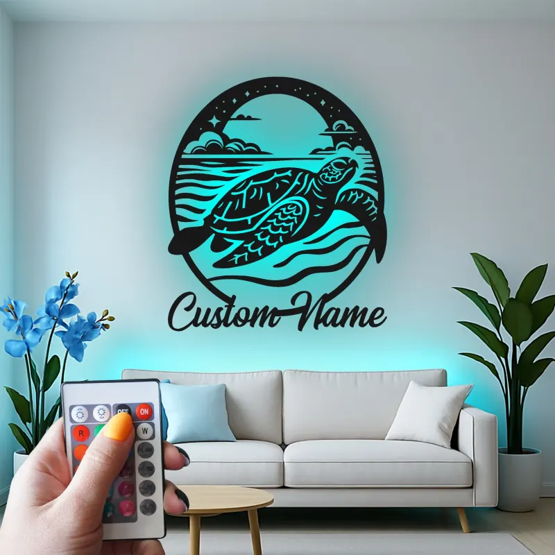 Art Murale en Métal Tortue de Mer LED | Panneau de Nom Personnalisé | Décor Nautique de Plage | Silhouette de Faune Marine sur Mesure