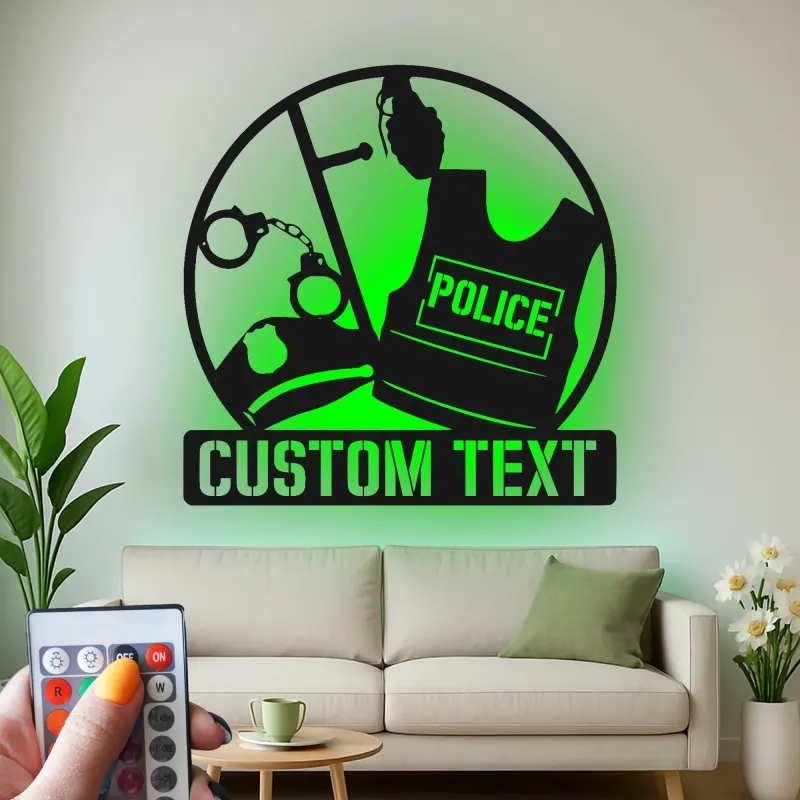 Personalized Police Gear Metal Sign | LED Law Enforcement Wall Art | Custom Officer Name Plaque | Cop Retirement & Academy Gift