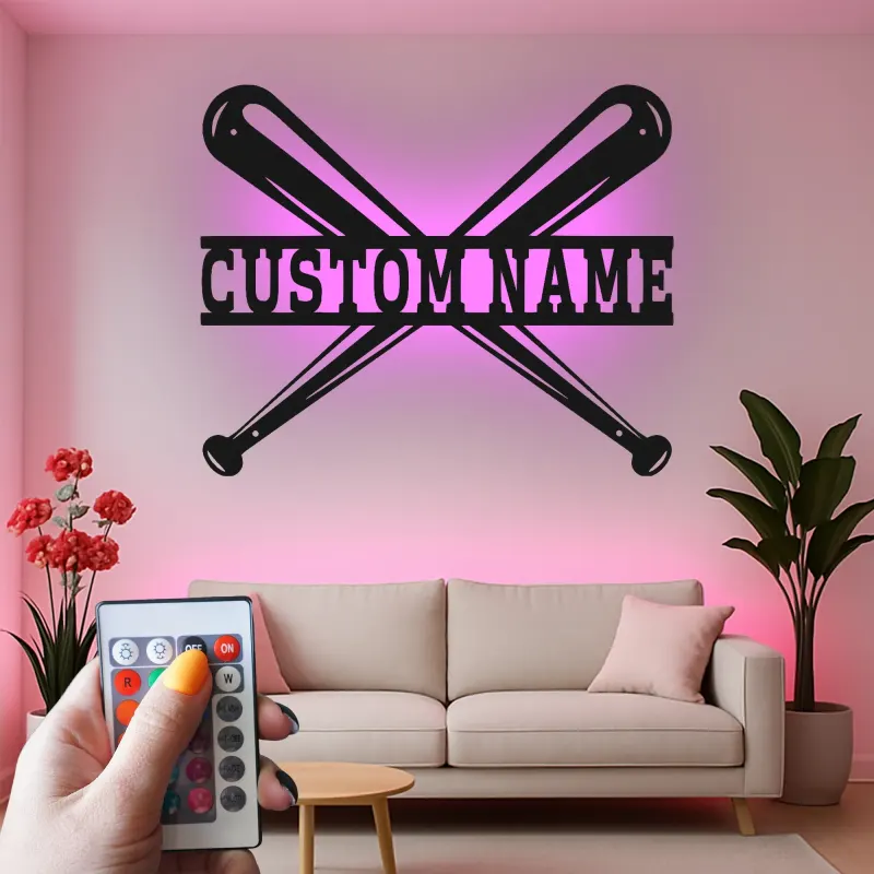 Insegna in metallo personalizzata con luce LED per mazze da baseball, regalo sportivo personalizzato per fan del baseball, decorazione per sala giochi