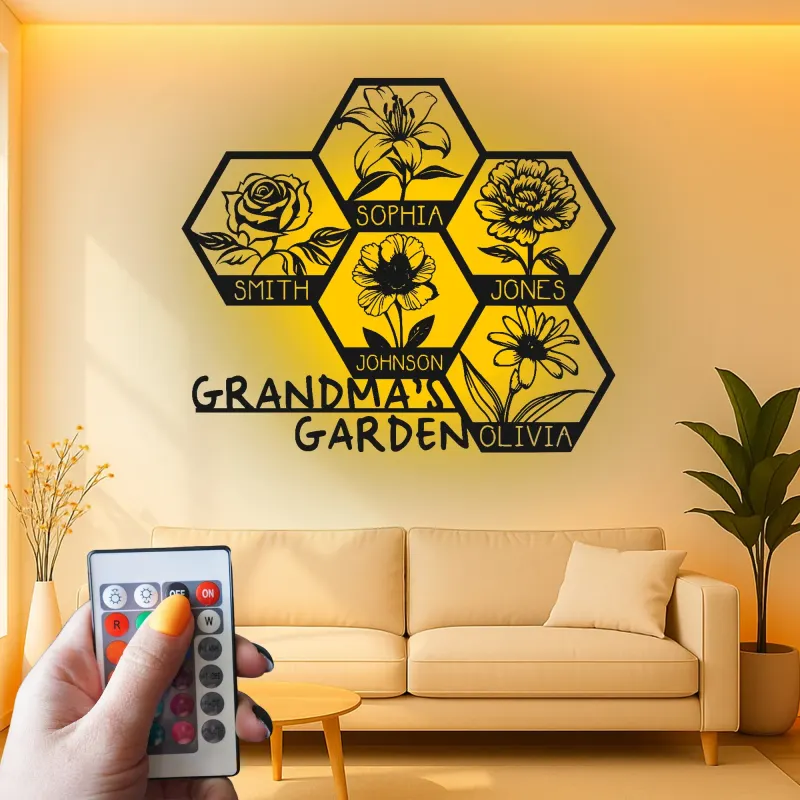 Grandma's Garden Custom Sign | Personalized LED Metal Wall Art | Floral Family Name Decor | Gift for Grandma