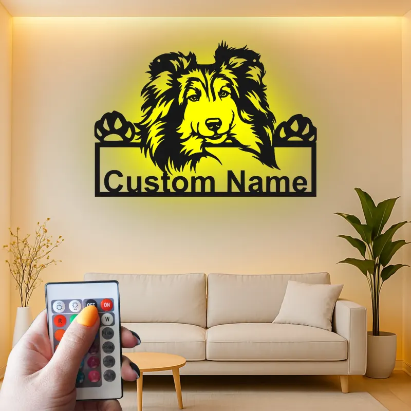Décoration murale en métal personnalisée pour chien Shetland LED - Cadeau pour maman chien - Décor pour animaux de compagnie