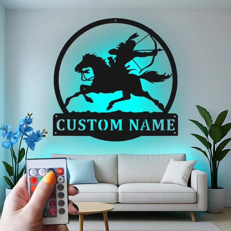 Arte mural LED de metal con arquero nativo americano | Cartel personalizado de cazador y caballo | Regalo rústico boho para el hogar