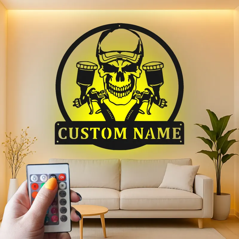 Insegna Garage Personalizzata Teschio | Arte in Metallo LED Personalizzata | Decorazione per Officina & Regalo per Artista Airbrush