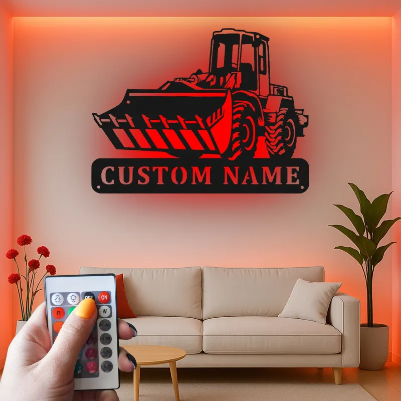 Insegna in metallo personalizzata con LED Bulldozer Regalo per appassionati di costruzione Decorazione per garage o ufficio