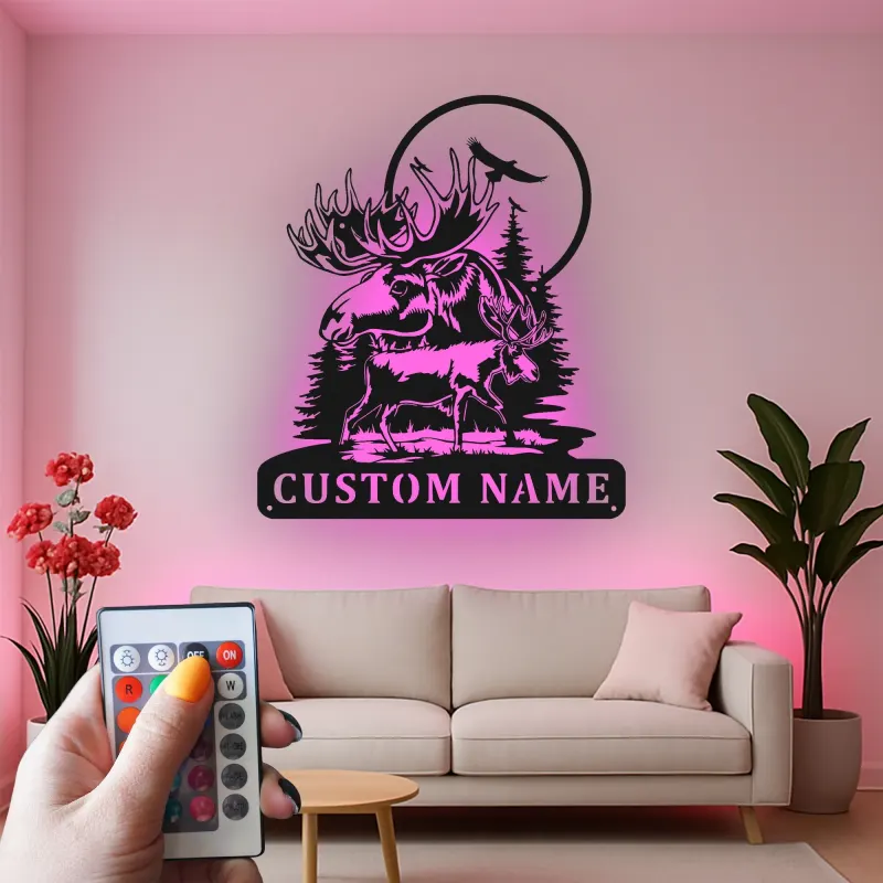 Panneau en métal personnalisé avec élan et aigle | Art mural rétroéclairé pour décoration de cabane rustique | Cadeau personnalisé pour amoureux de la nature