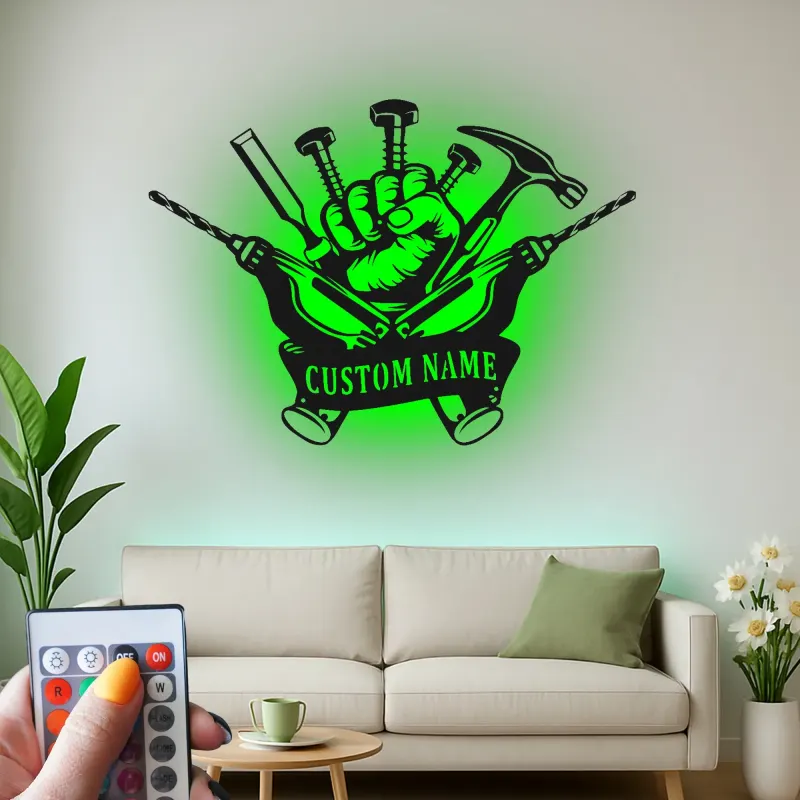 Insegna LED personalizzata per tuttofare | Insegna in metallo personalizzata per officina e garage | Regalo industriale per falegname