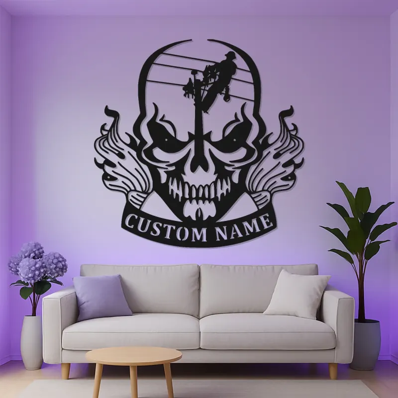Insegna in Metallo con Teschio per Lineman | Arte da Parete LED Personalizzata per Elettricista | Decorazione per Man Cave e Insegna per Laboratorio | Regalo per Lui