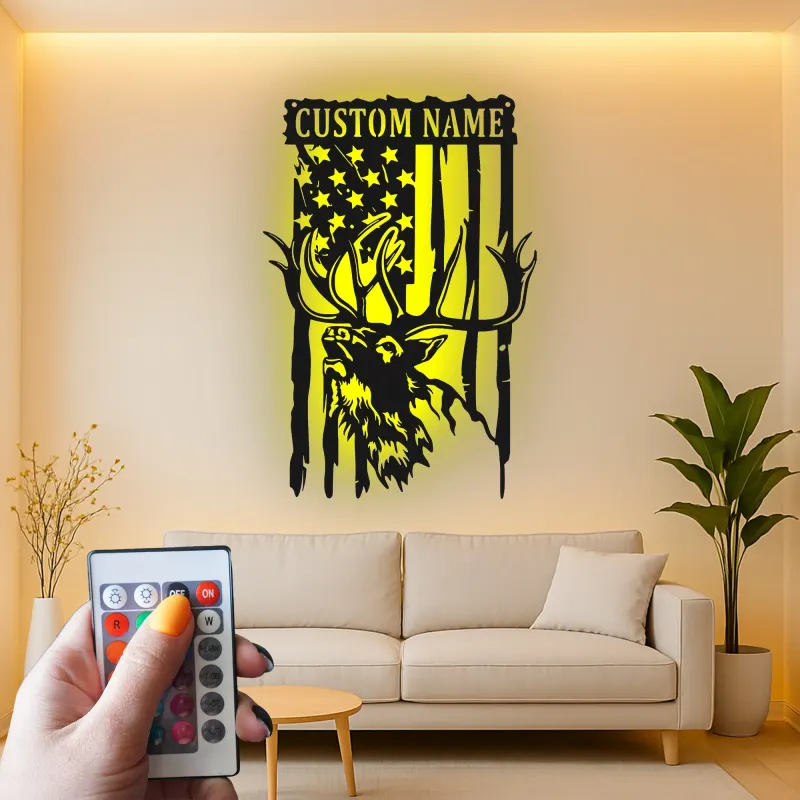 Décoration murale en métal personnalisée avec cerf et drapeau américain, éclairage LED, cadeau personnalisé pour chasseurs, décoration de cabane rustique 3