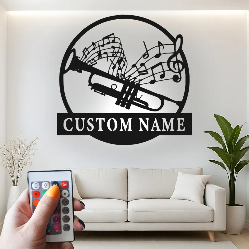 Décoration murale en métal personnalisée avec rétroéclairage LED - Cadeau pour musiciens - Décor de salle de musique avec notes de musique et trompette