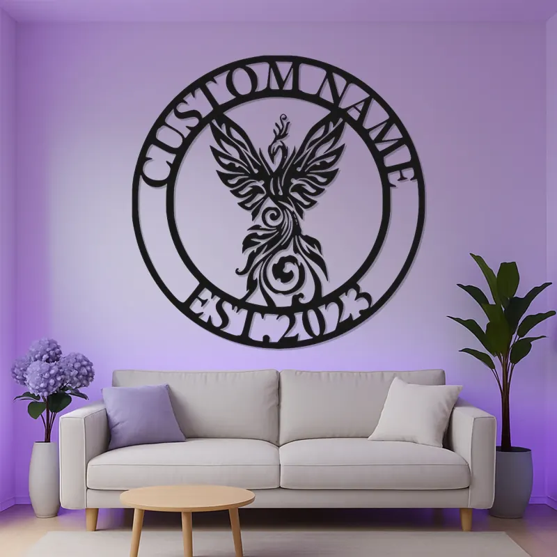 Phoenix LED Metal Wall Art | Custom Name Sign, Art Deco Inspired | Personalized Office & Home Decor Gift
