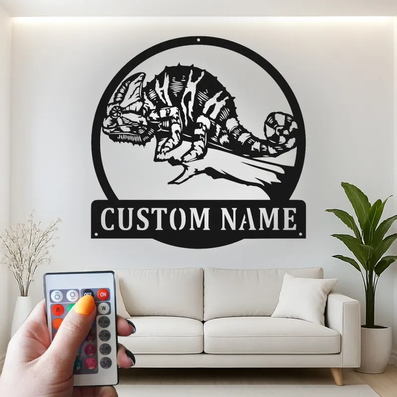 Insegna in metallo LED personalizzata a forma di camaleonte - Regalo unico per amanti dei rettili, decorazione per camera da letto o ufficio