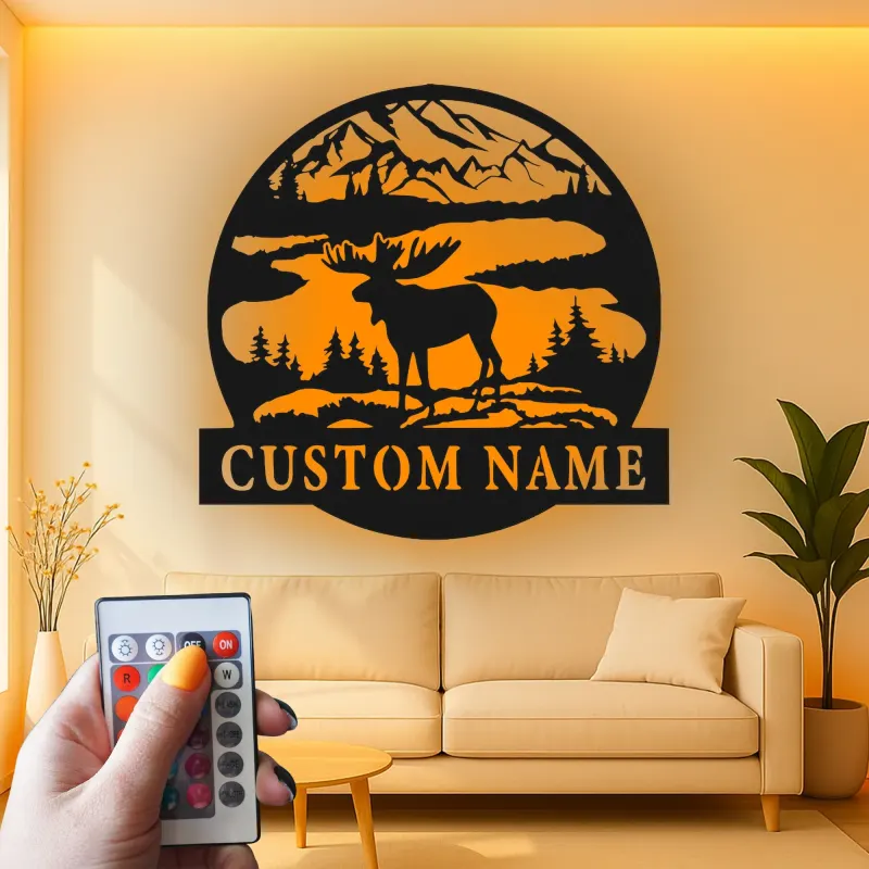Custom Moose Mountain Scene Led Light Metal Wall Art Personalized Nature Lover Gift Cabin Decor