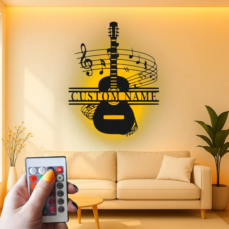 Panneau prénom guitare personnalisé | Décoration murale en métal sur mesure avec LED | Décor studio de musique | Cadeau pour musicien