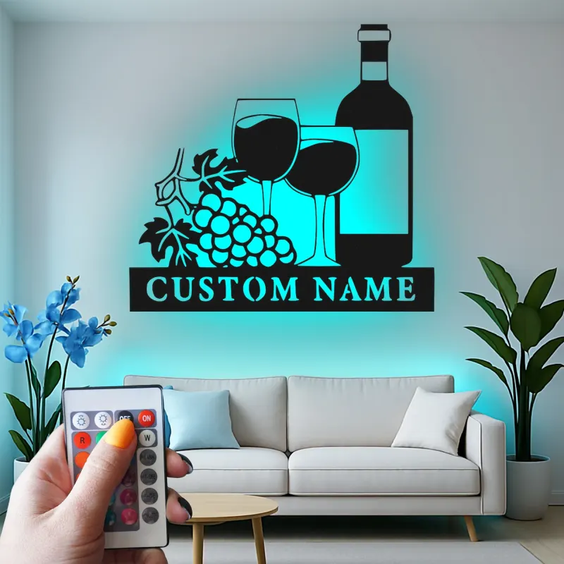 Cartel de metal LED de botella de vino y copas personalizado regalo para amantes del vino decoración de cocina o bar