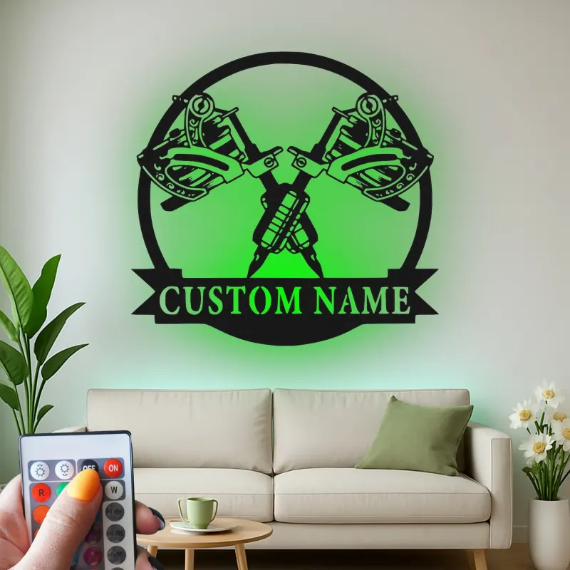 Décoration murale en métal personnalisée avec lumière LED de machine à tatouer - Cadeau pour artistes tatoueurs