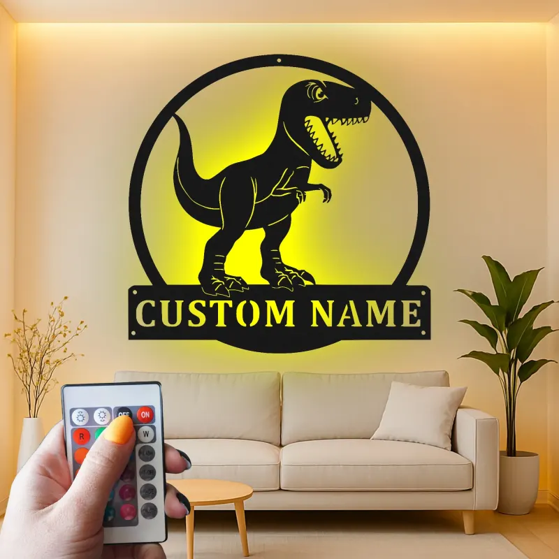 Cartel de metal personalizado de luz LED de dinosaurio T-Rex regalo personalizado para la habitación o sala de juegos de los niños 1