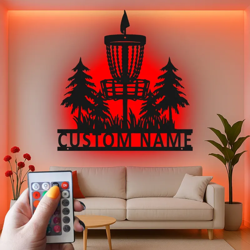 Cartel de metal LED personalizado para cesta de disc golf, regalo para jugadores de disc golf, decoración de deportes al aire libre