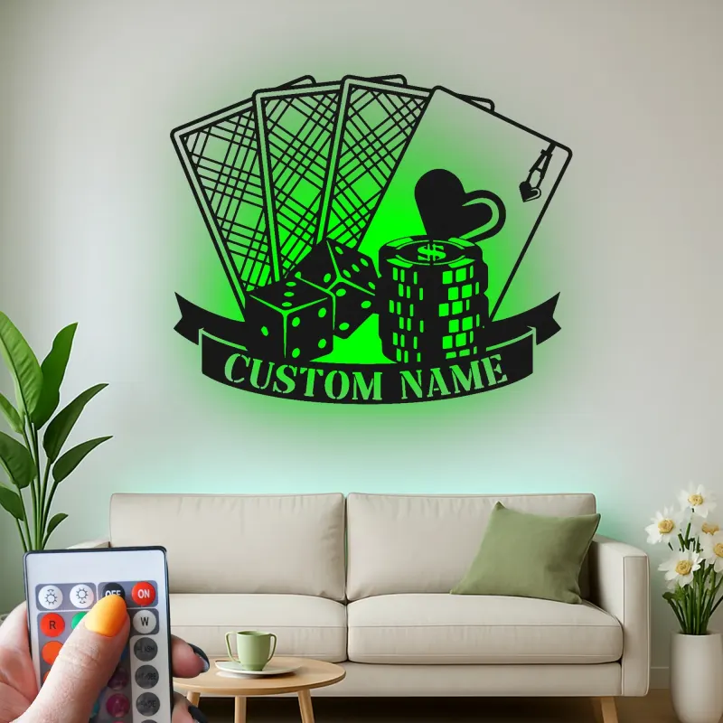 Personalized Poker LED Sign | Metal Game Room Decor | Custom Casino & Dice Wall Art | Gambling Gift for Him