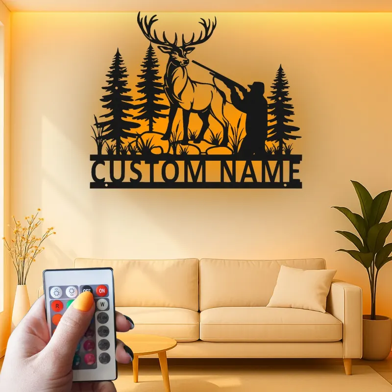 Custom Hunter and Deer Led Light Metal Wall Art Personalized Gift for Outdoorsmen Cabin or Man Cave Decor