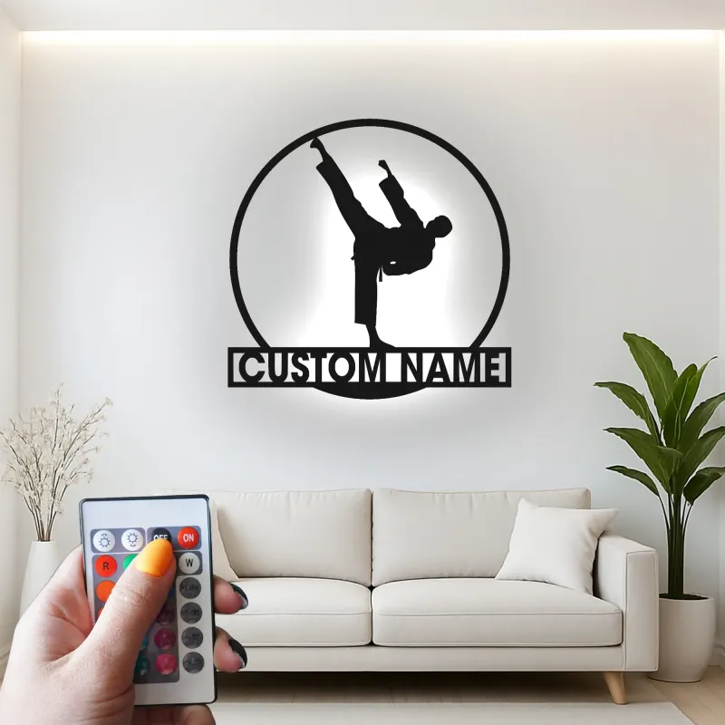 Insegna con nome personalizzata per Karate | Arte in metallo LED per dojo e palestra | Decorazione personalizzata per arti marziali
