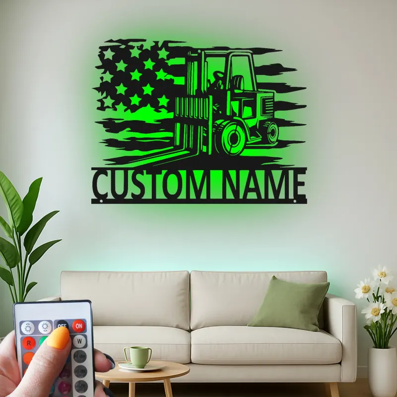 Enseigne en métal personnalisée pour chariot élévateur avec LED | Décoration industrielle avec prénom | Décor de garage et cadeau pour lui | Décoration murale drapeau américain