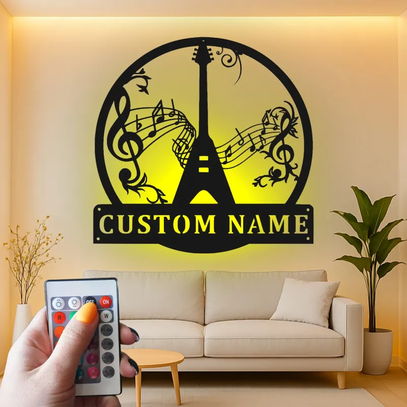 Insegna LED in metallo con chitarra personalizzata | Insegna personalizzata con nome per musicisti | Arredo per home studio | Regalo per chitarristi