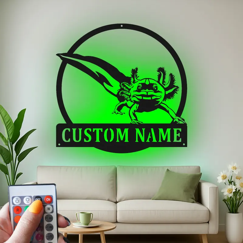 Insegna in metallo personalizzata con Axolotl e luce LED regalo unico per amanti degli anfibi decorazione per camera da letto o ufficio