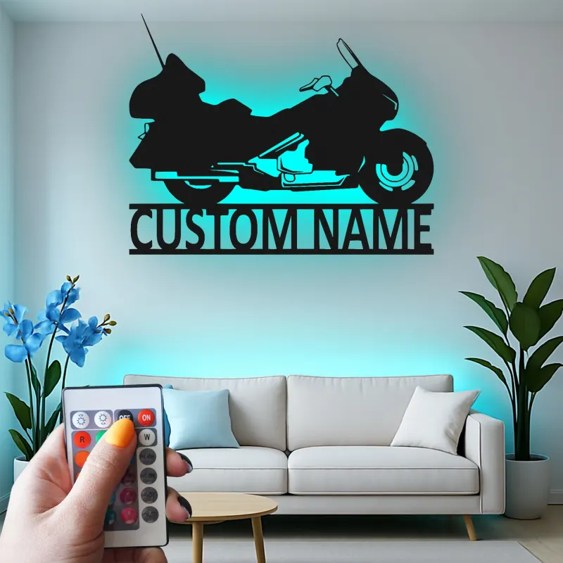 Personalized Motorcycle Metal Wall Art | Custom Biker Name Sign with LED | Touring Bike Garage Decor for Rider