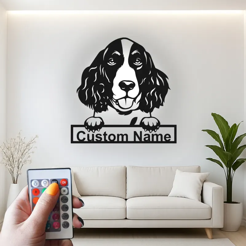 Cartel de metal LED de Springer Spaniel personalizado, regalo para amantes de perros, decoración de sala de estar